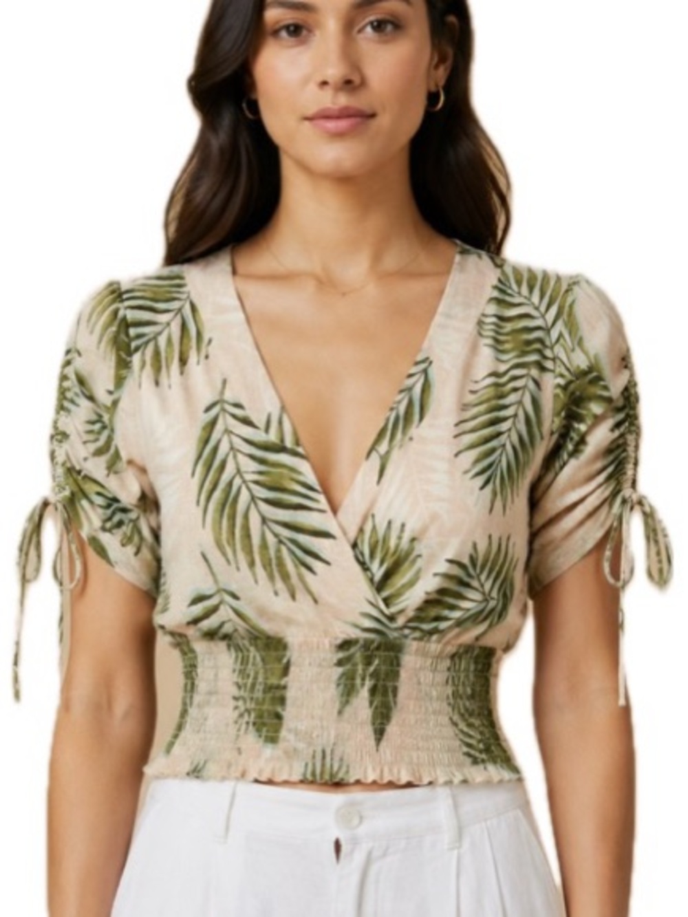 Lazy Sundays Linen Tropical Leaf Print Cropped Top Size Small Ruched Sleeve
